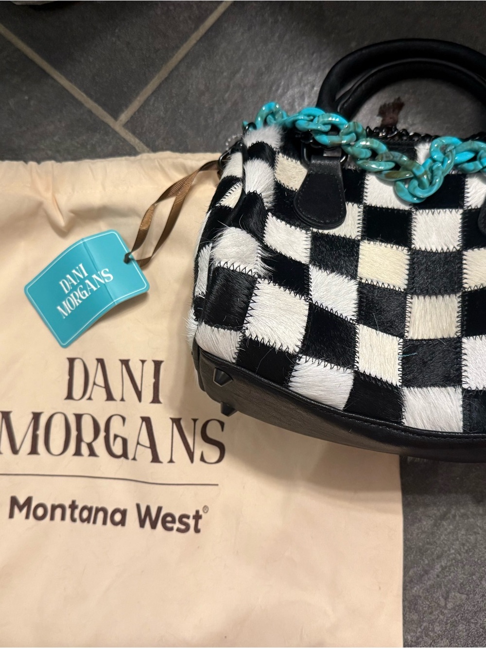 Montana West Black & White Checker Satchel with Teal Chain